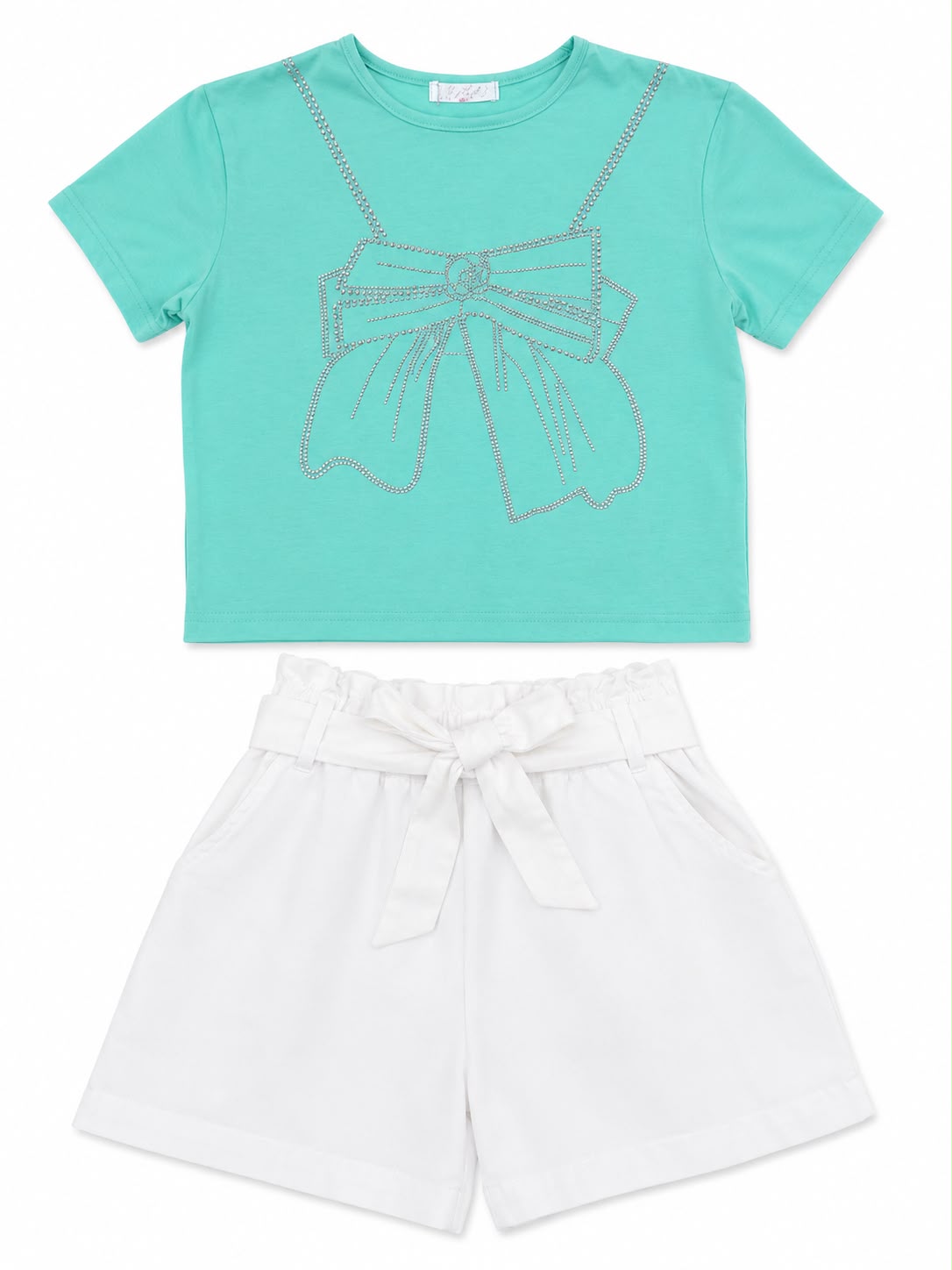 Set niña moño con brillos y short blanco