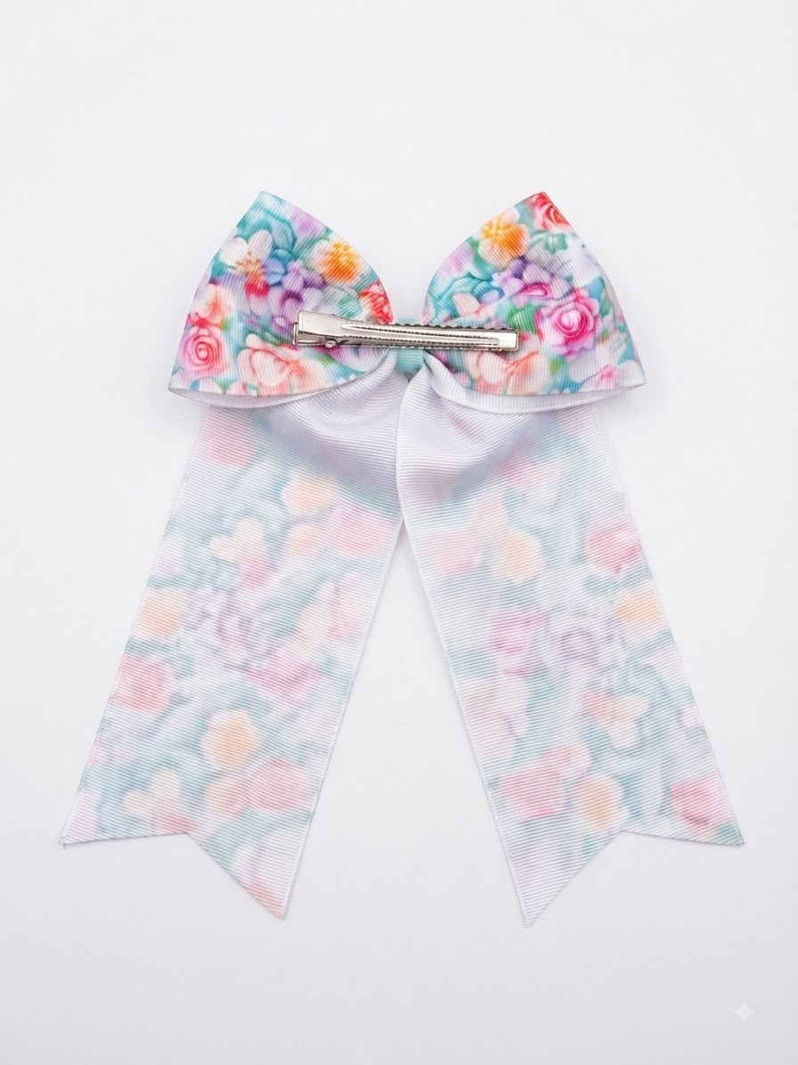 Moño niña floral multicolor con tiras largas