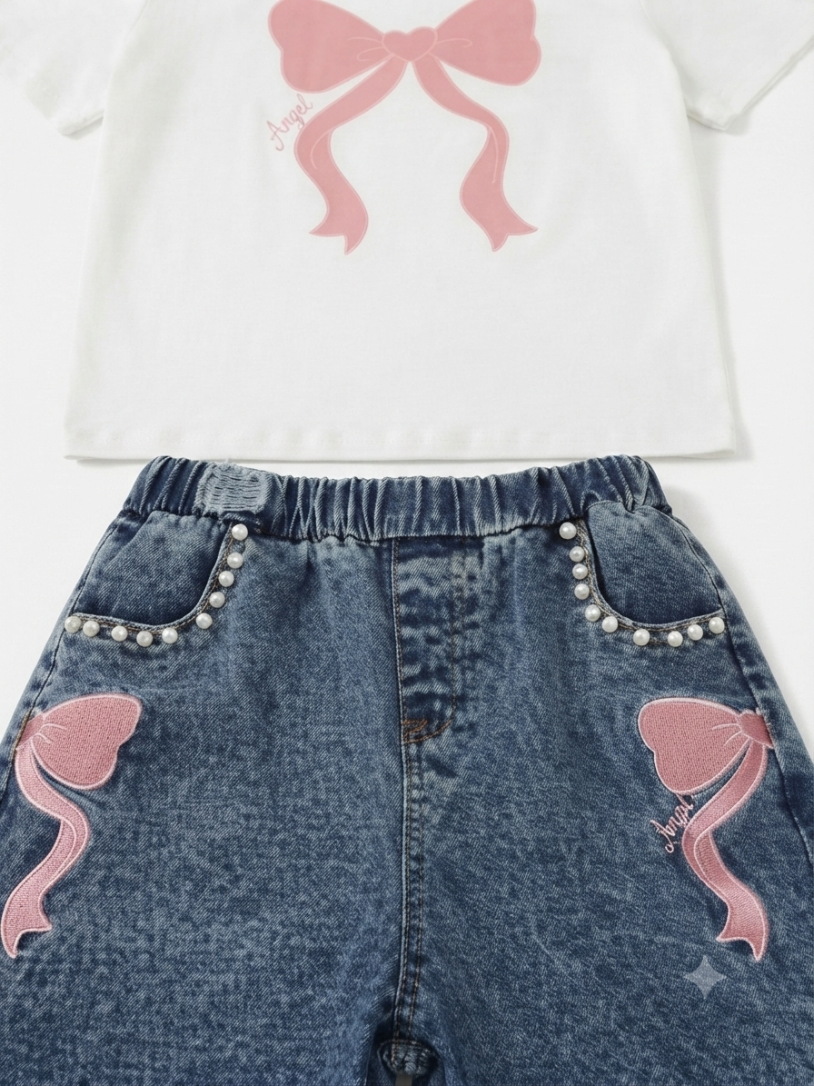 Set niña blusa blanca con moño rosa y short de mezclilla