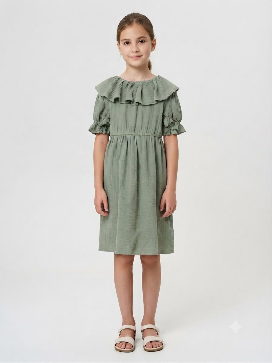 Vestido niña verde olivo con cuello de olan