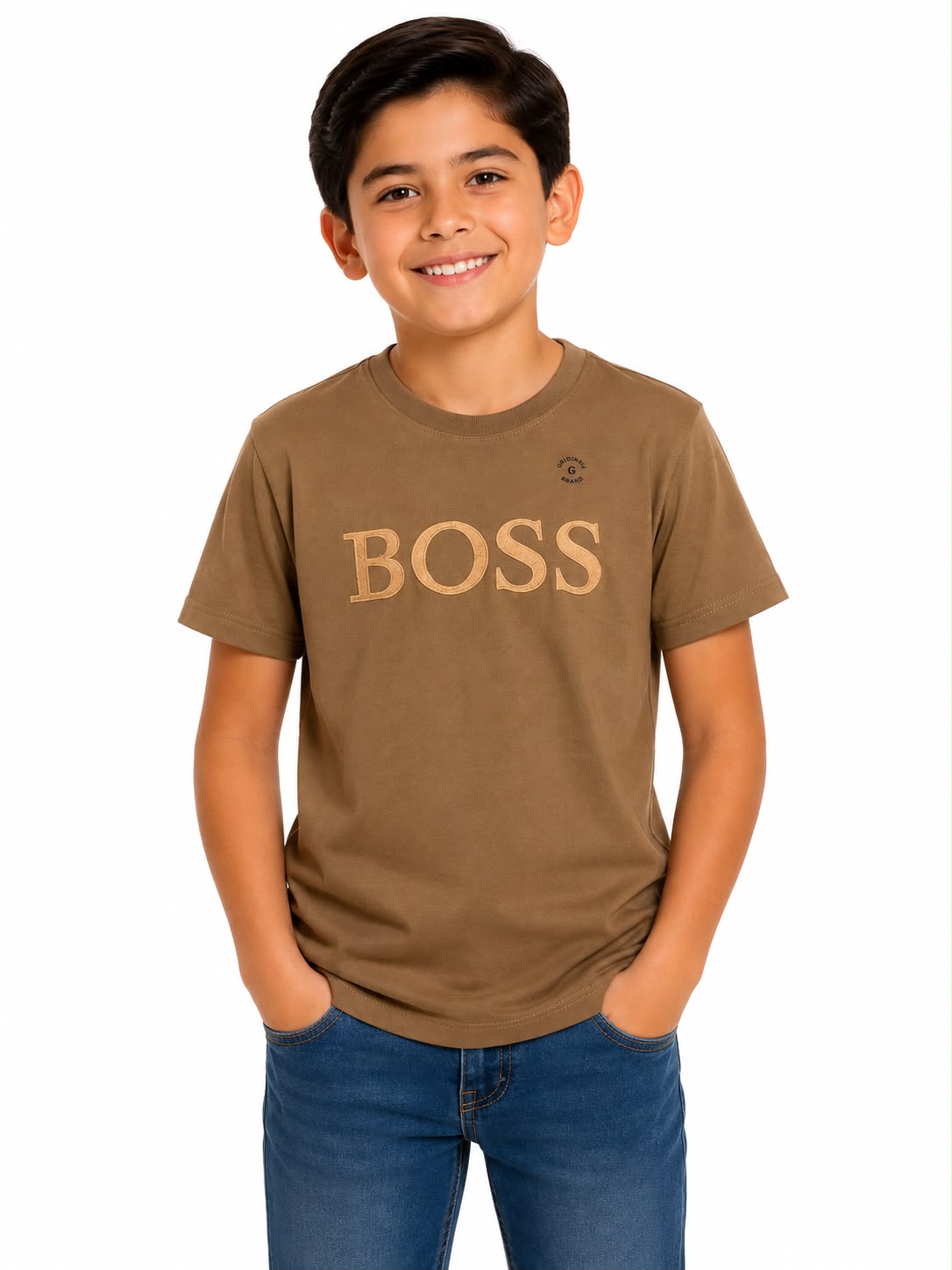Playera niño cuello redondo color café con estampado frontal