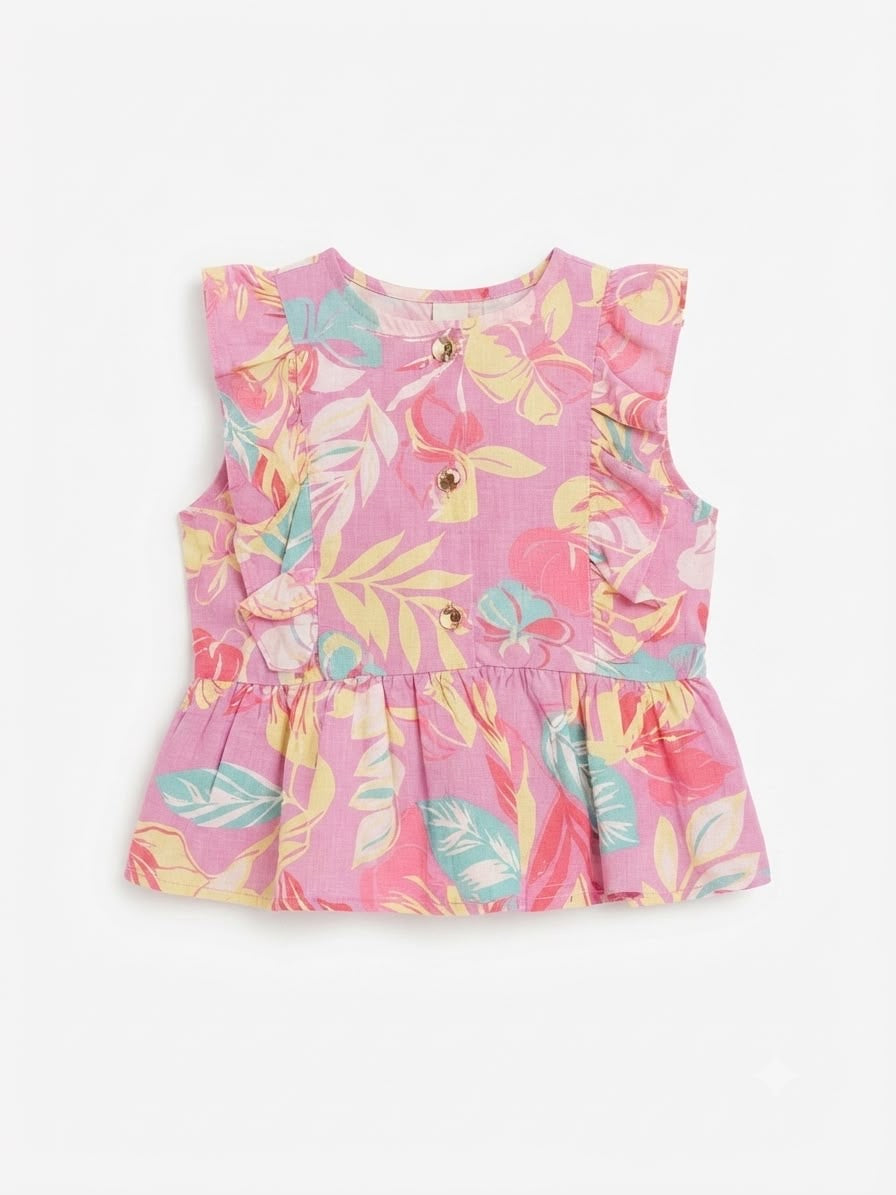 Blusa niña rosa con estampado trópico Olanes