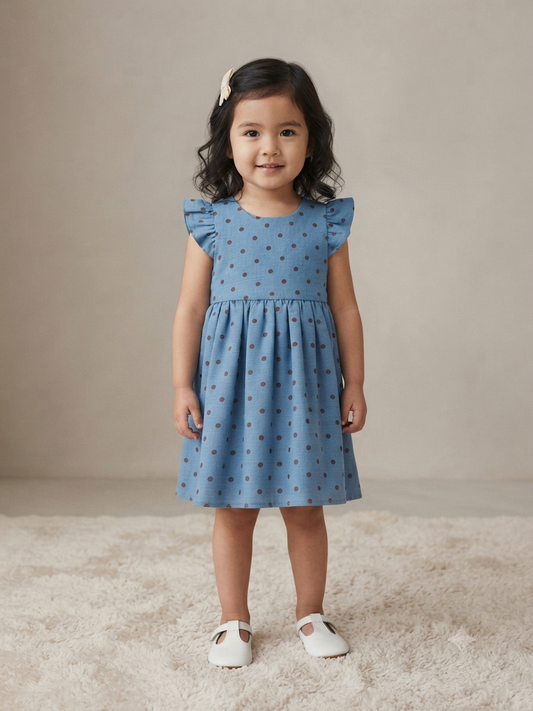 Vestido niña azul con estampado de lunares y olanes en hombros