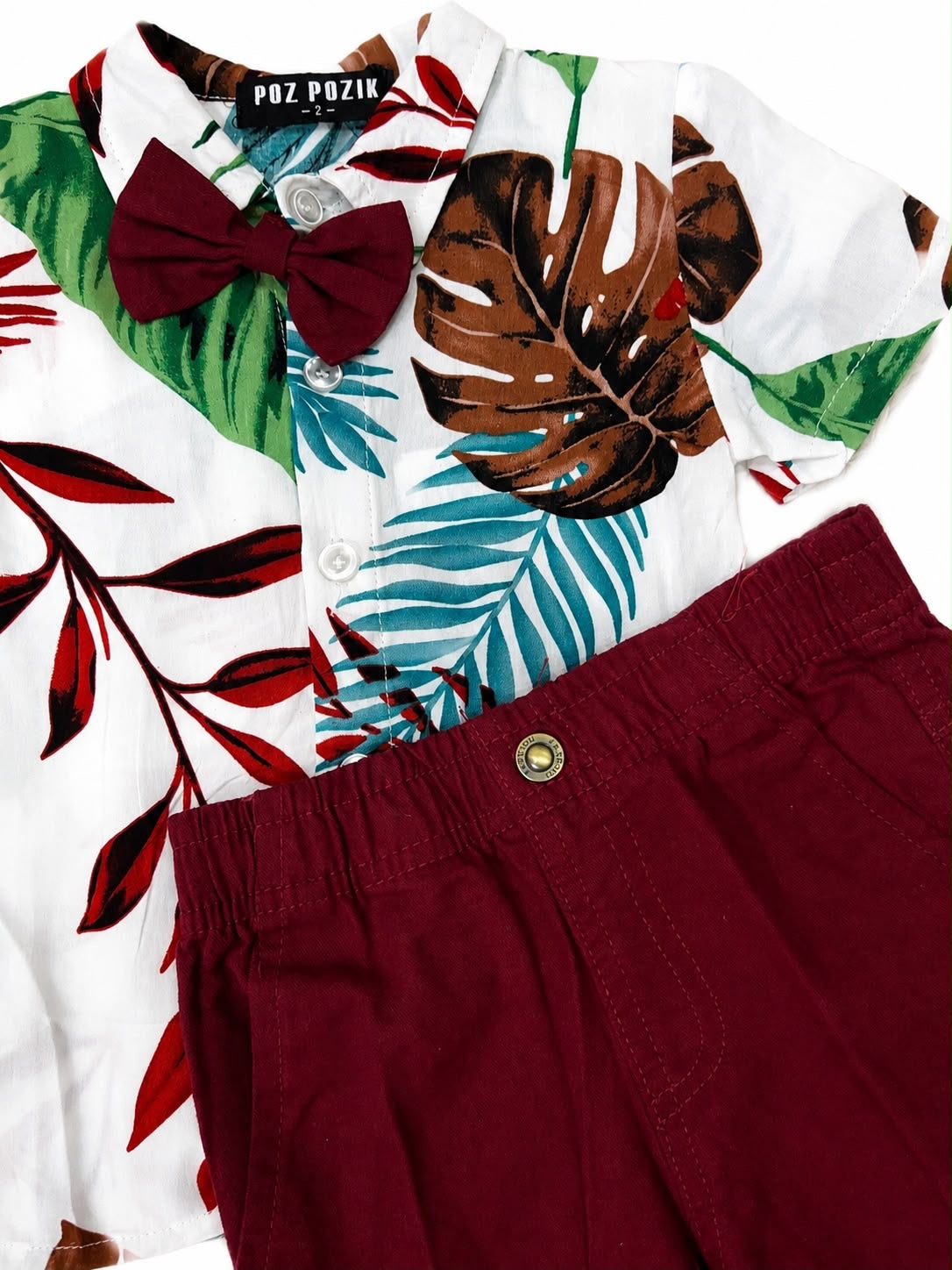 Set niño camisa tropical con moño y short vino