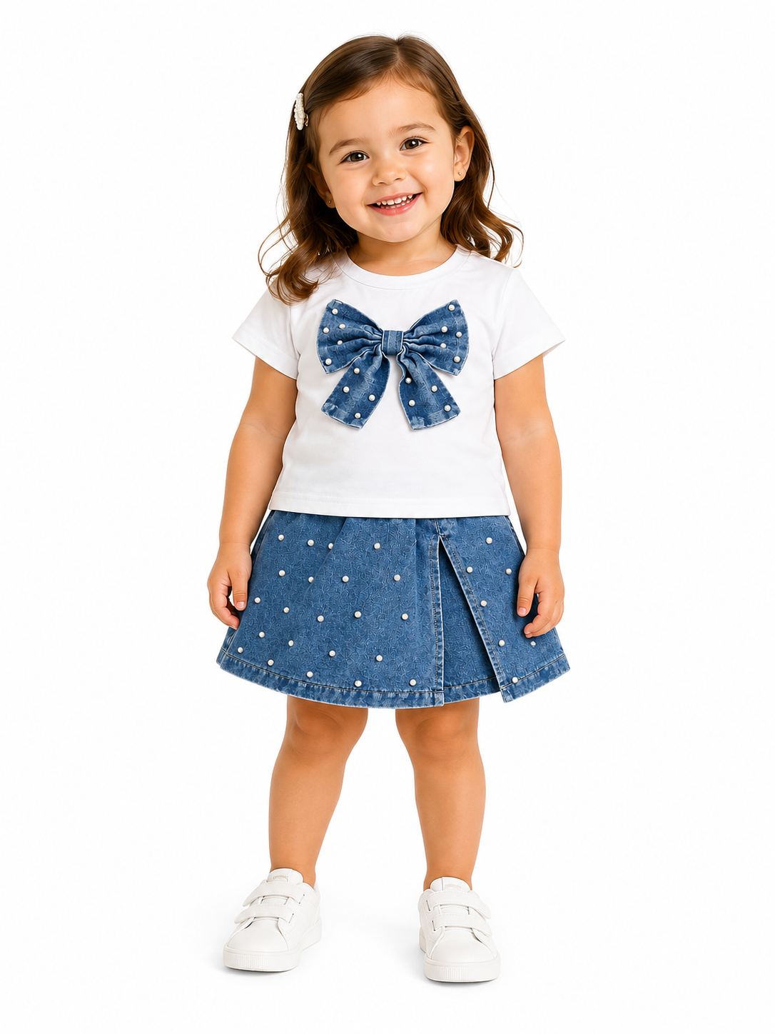 Set niña playera blanca con moño de mezclilla y falda