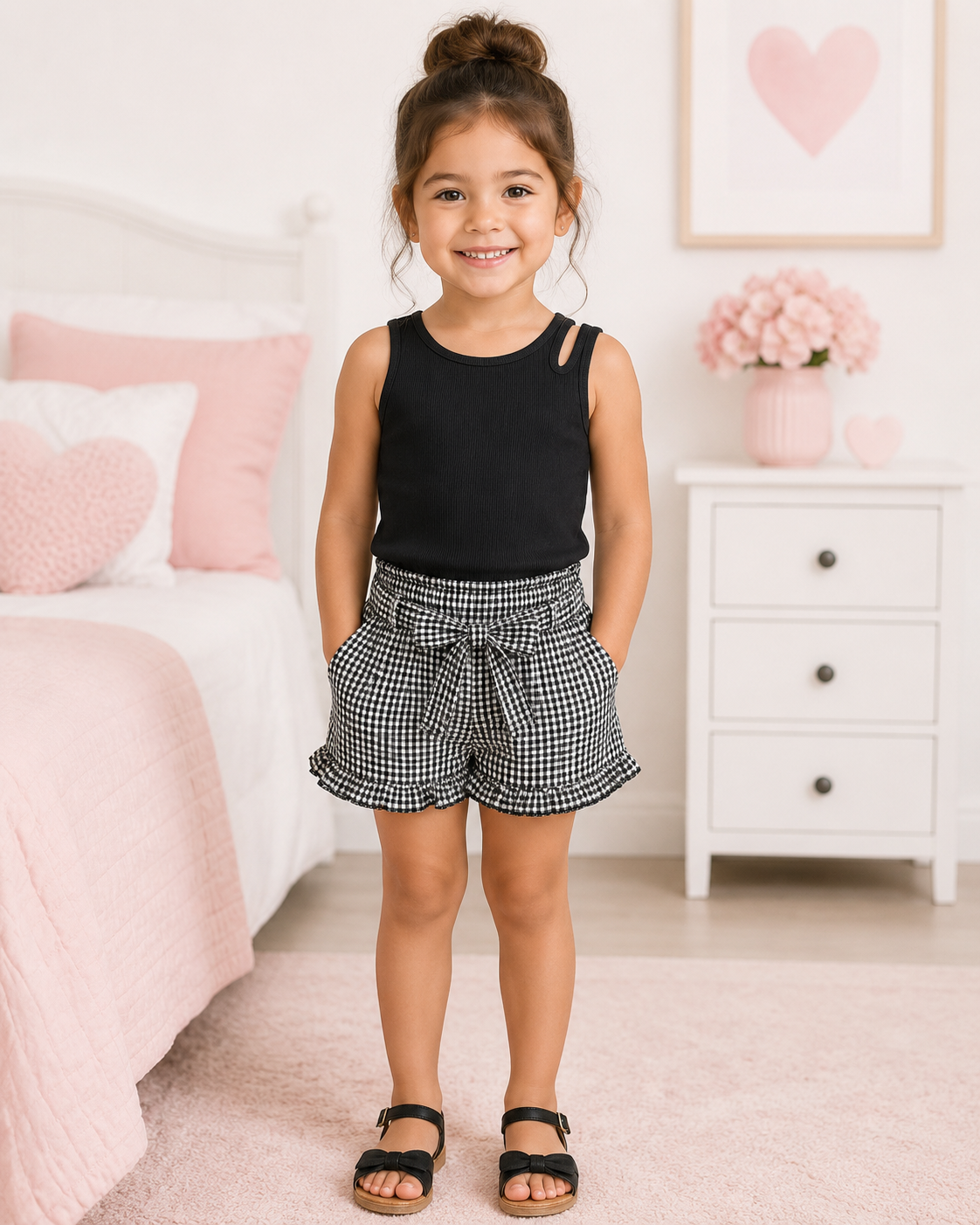 Set niña con blusa negra y short de cuadros
