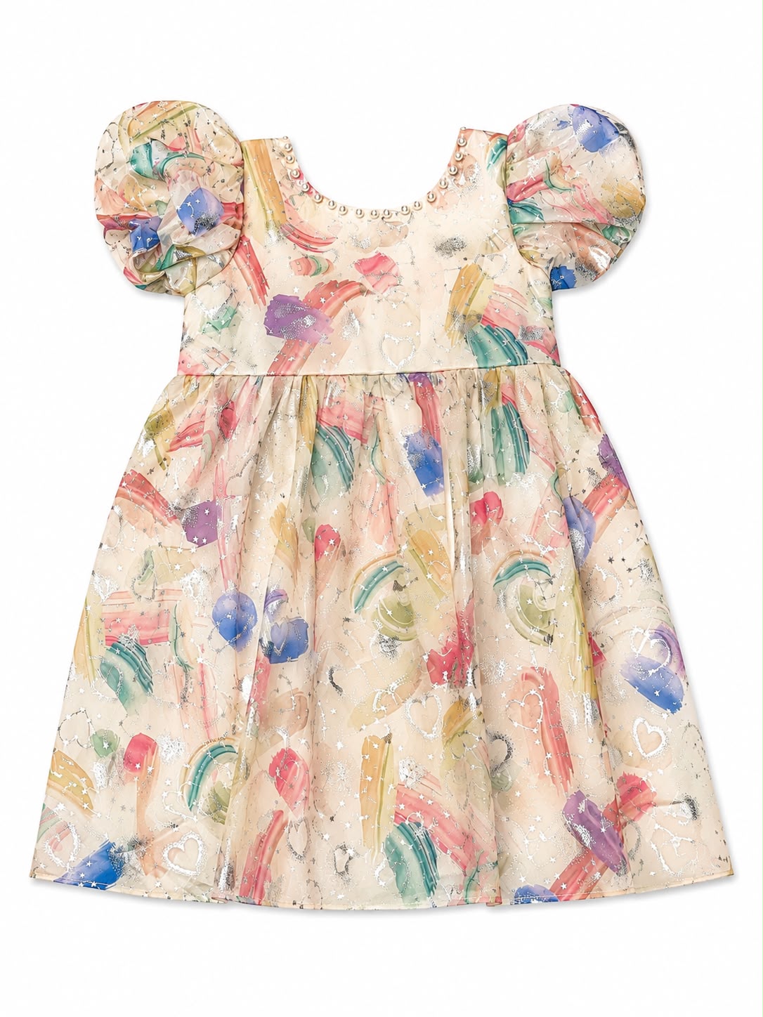 Vestido niña beige con estampado multicolor y mangas abullonadas
