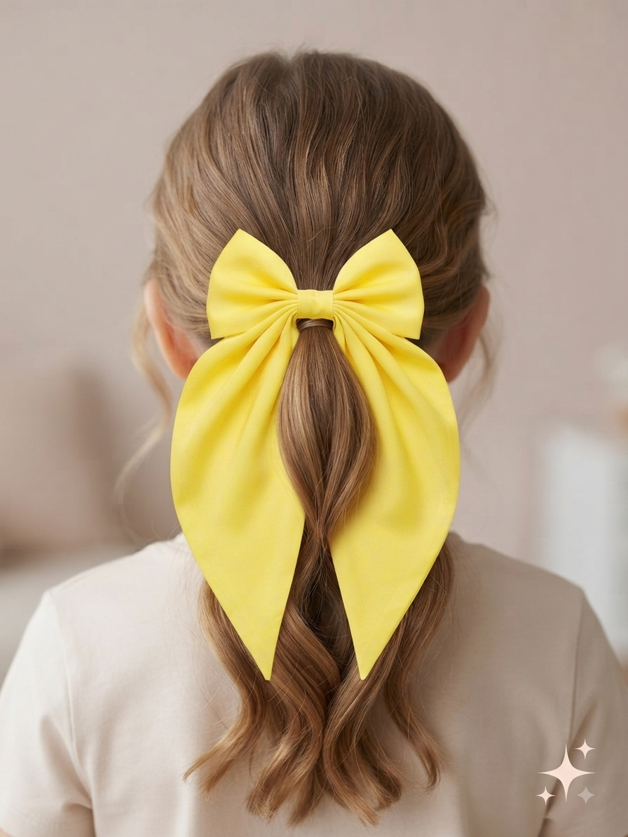 Moño Coquette Niña - Lazo Amarillo Brillante Tipo Pañuelo