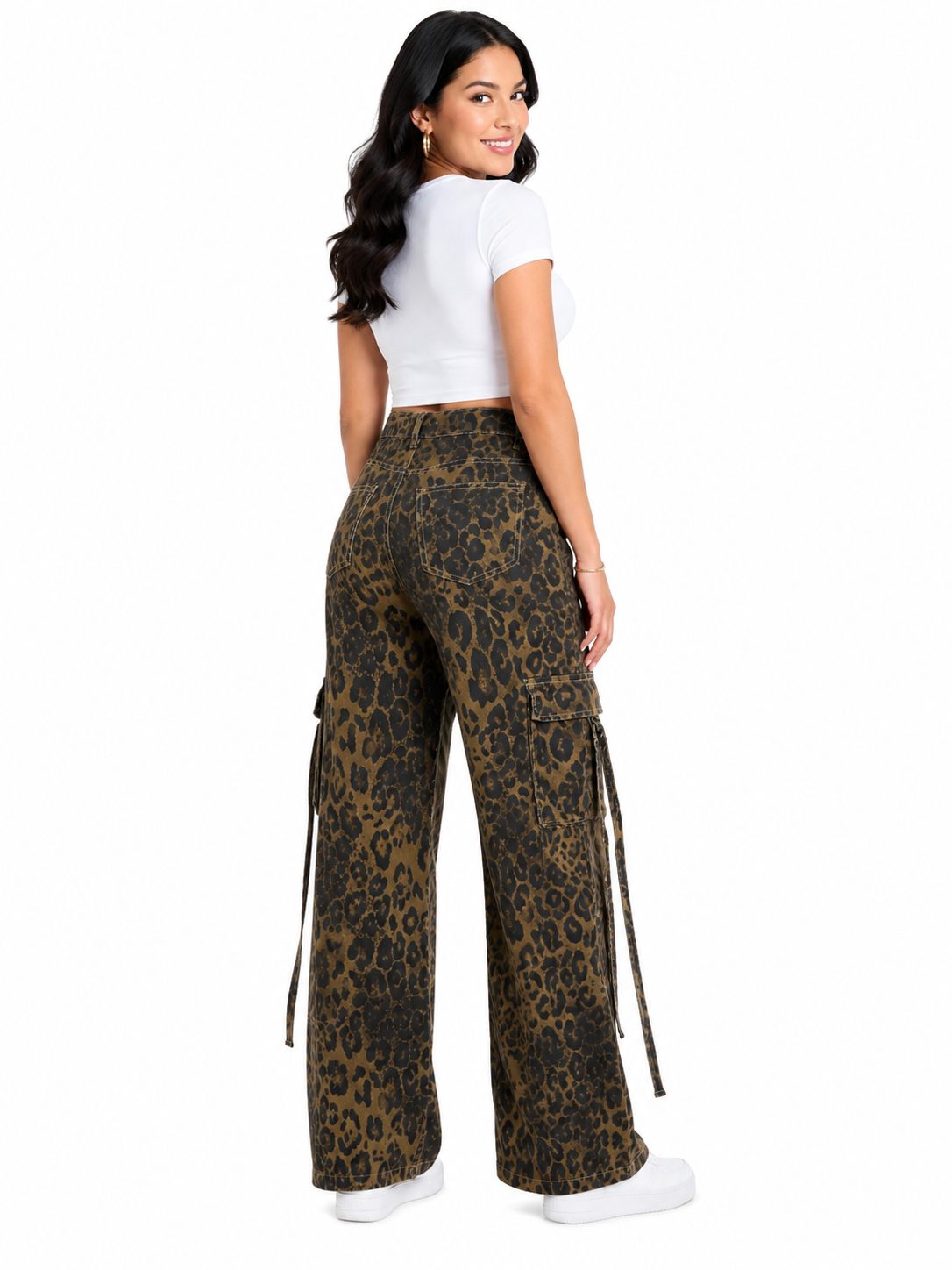 Pantalón dama mezclilla cargo palazzo estampado animal print
