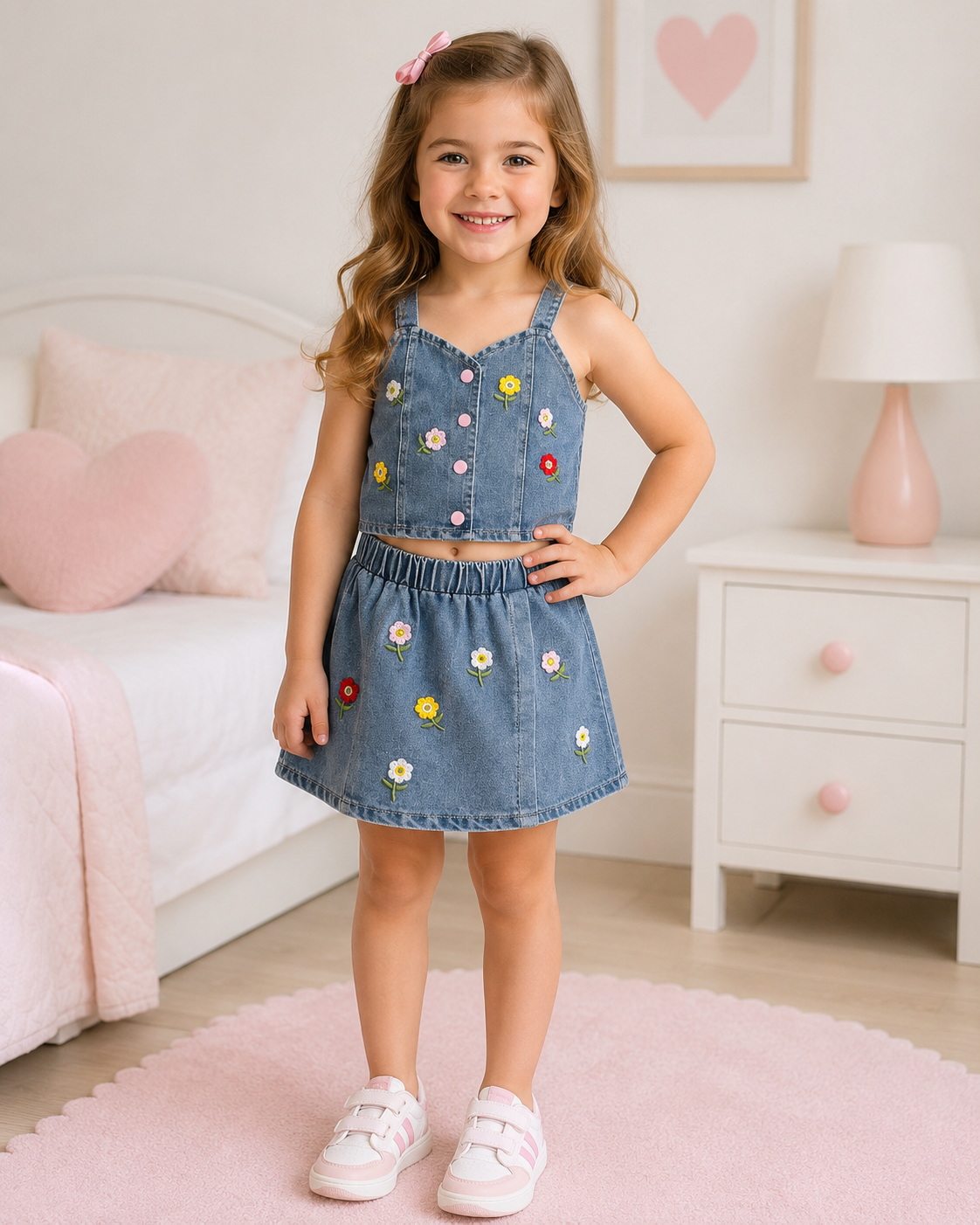 Set niña blusa y falda de mezclilla con bordado floral