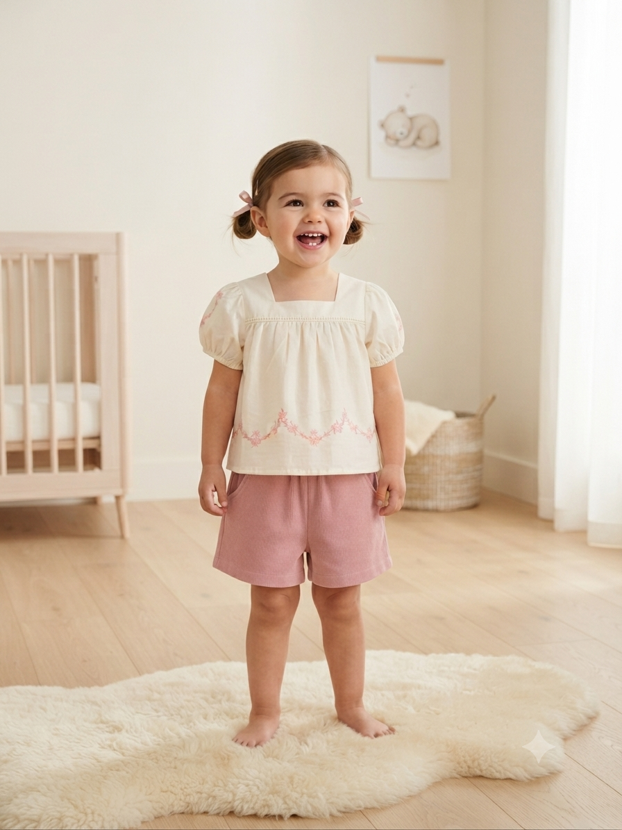 Set niña con blusa bordada y short rosa