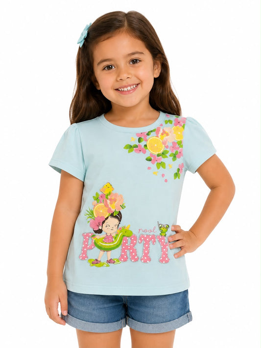 Blusa niña azul cielo con estampado tropical