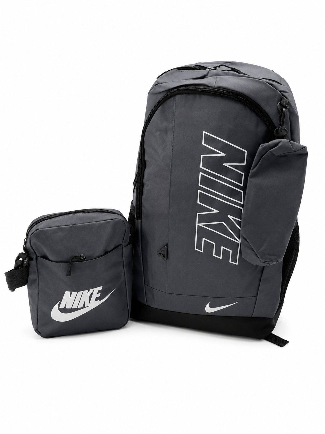 Set Mochila juvenil deportiva gris oscuro con estuche organizador y lapicera