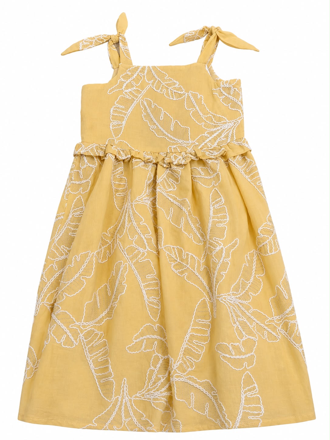 Vestido niña mostaza con estampado de hojas