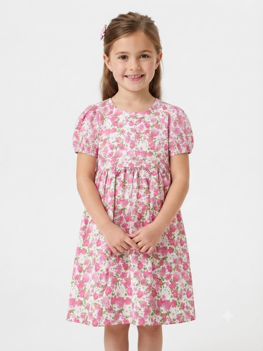 Vestido niña floral rosa con mangas abullanadas