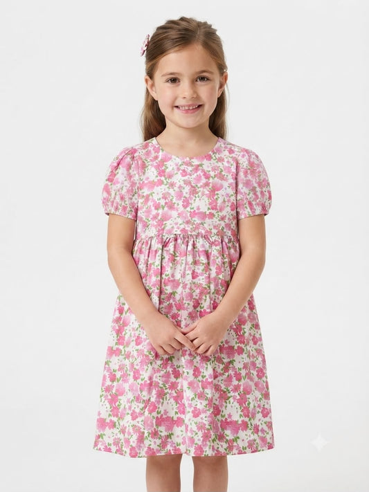 Vestido niña floral rosa con mangas abullanadas