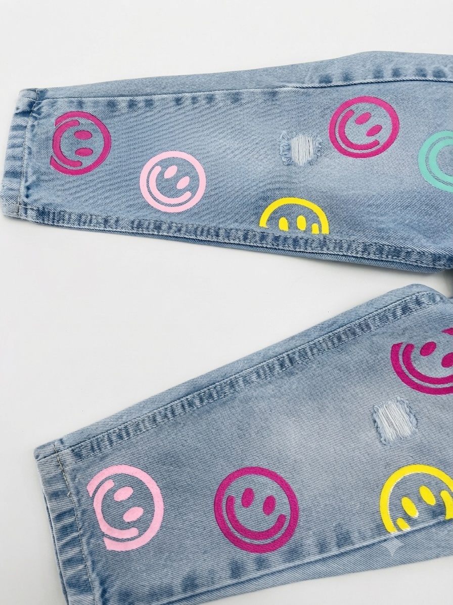 Pantalón niña de mezclilla con estampado de caritas felices