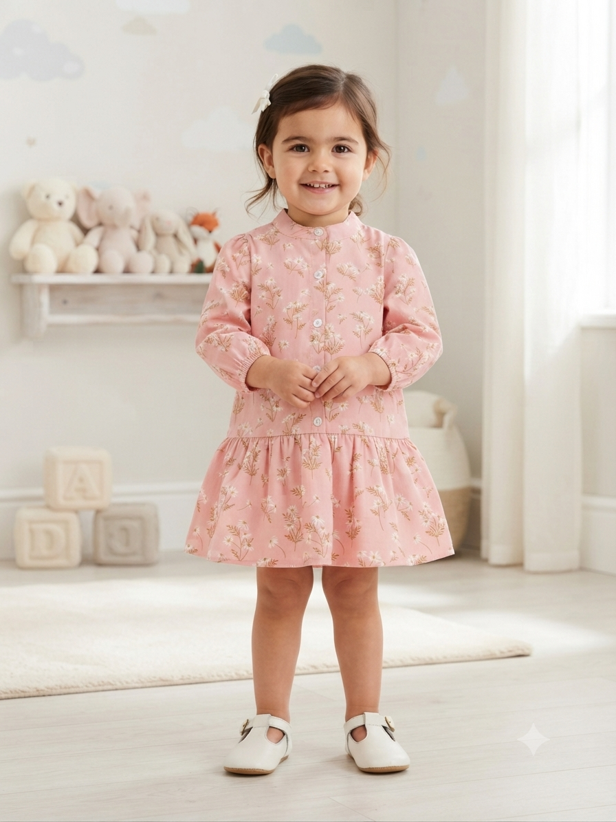 Vestido niña rosa con estampado floral y manga larga
