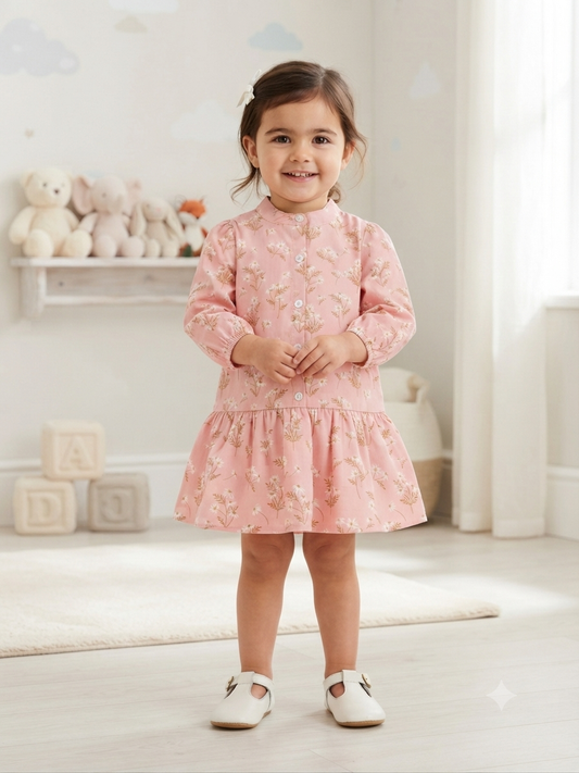 Vestido niña rosa con estampado floral y manga larga