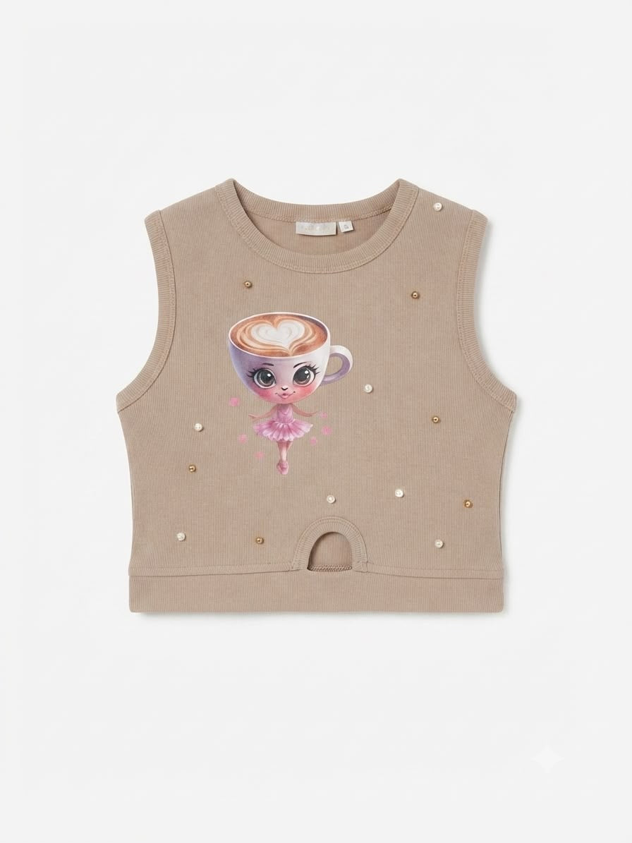 Blusa niña beige sin mangas con estampado moderno
