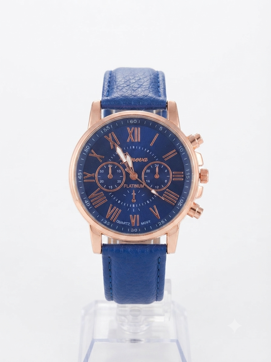 Reloj dama correa azul bisel oro rosa carátula azul