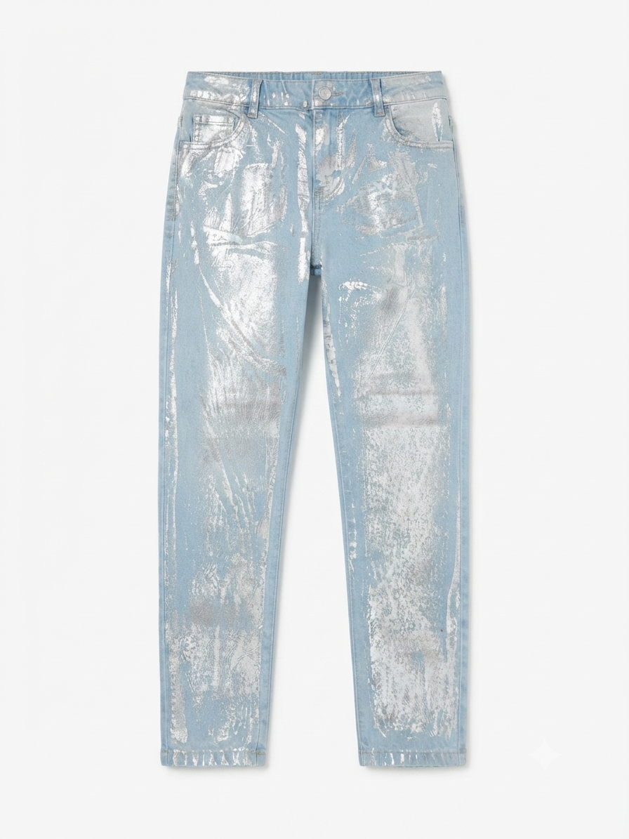 Pantalón dama mezclilla efecto metalizado plateado