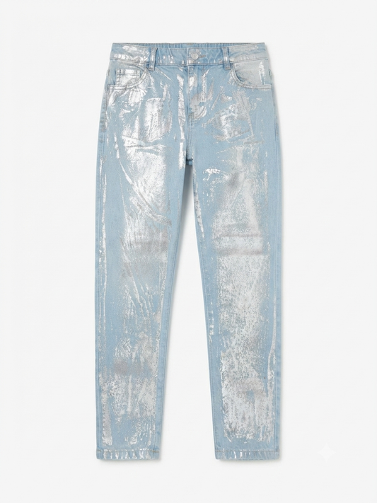 Pantalón niña mezclilla efecto metalizado plateado