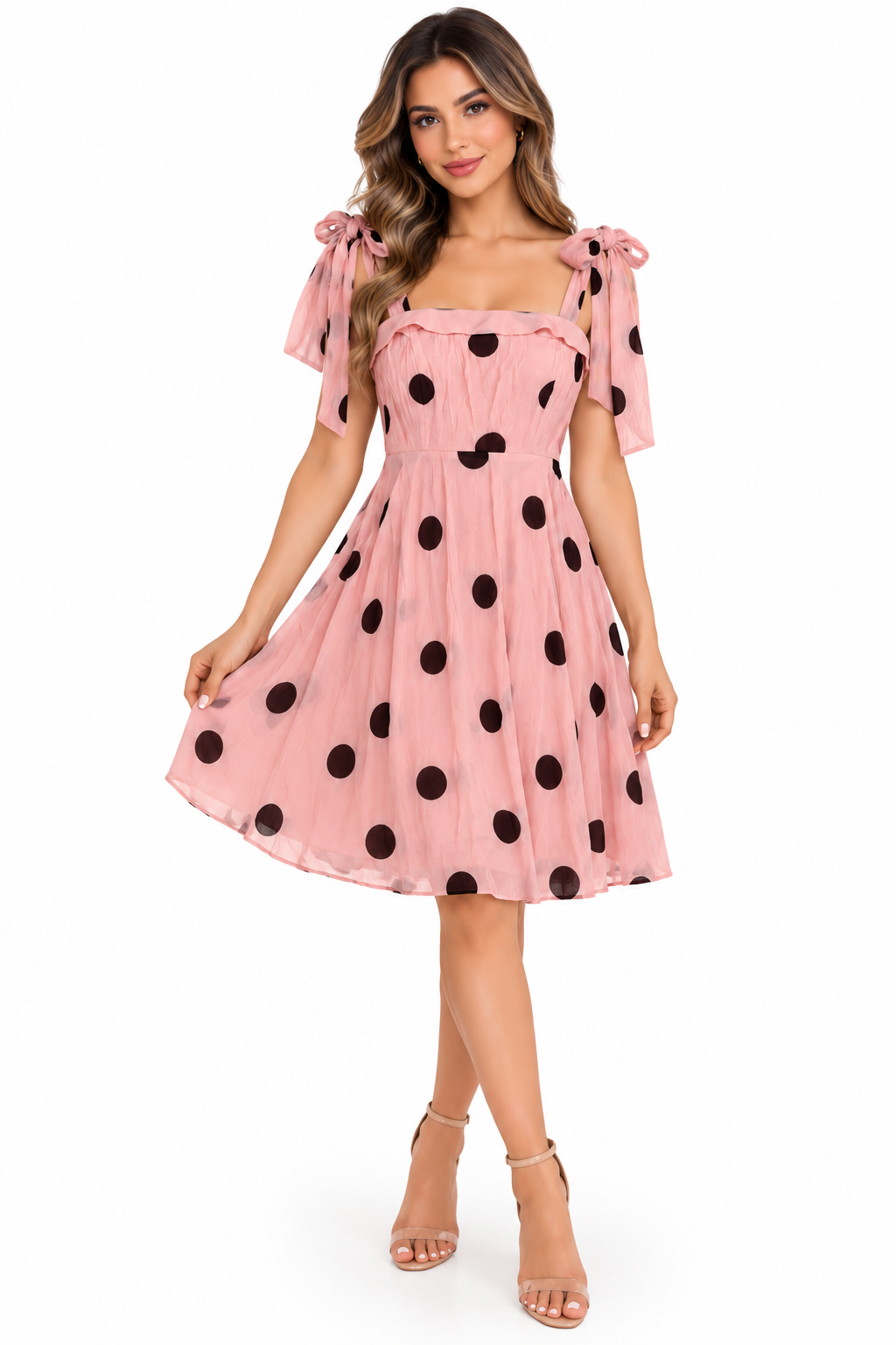 Vestido dama rosa con estampado de lunares negros