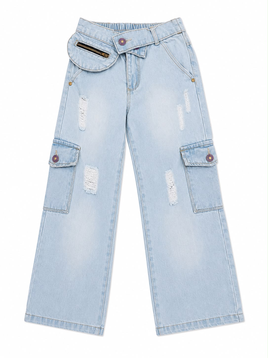 Pantalón niña cargo de mezclilla clara con cangurera