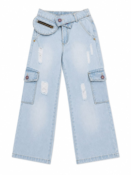 Pantalón niña cargo de mezclilla clara con cangurera