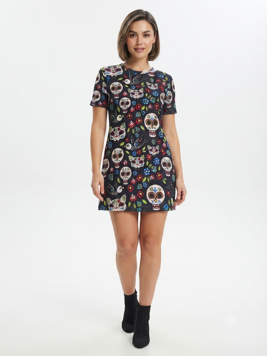 Vestido dama OFERTA corto estampado catrinas manga corta cuello redondo
