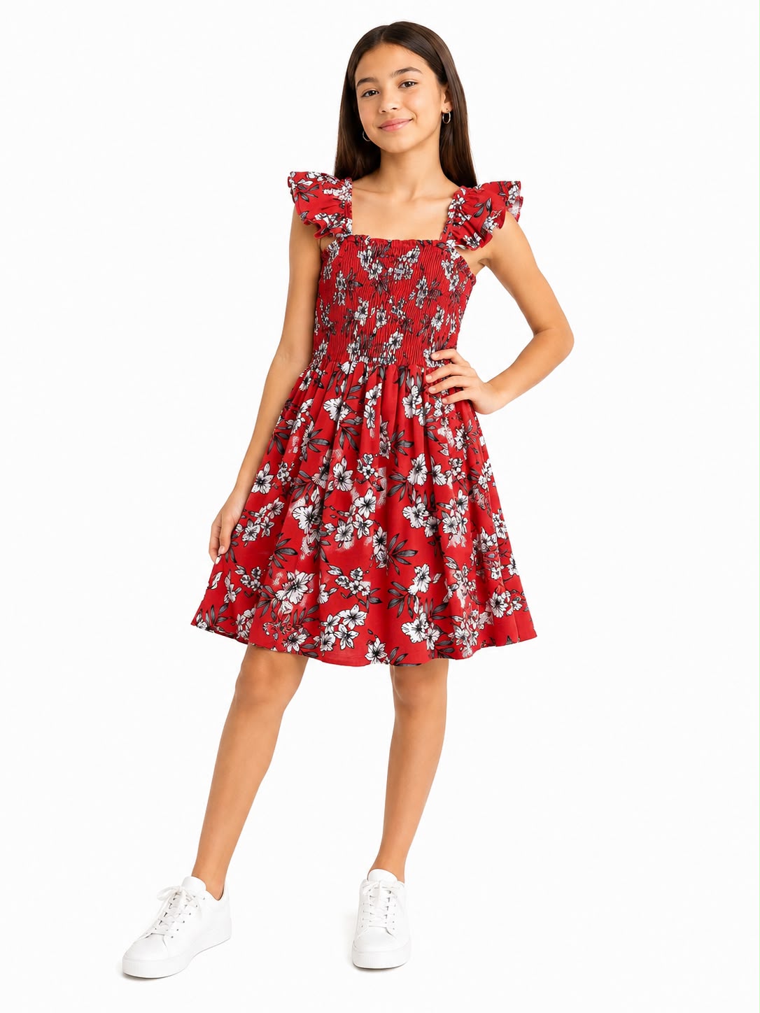 Vestido niña estampado floral rojo con Olanes en hombros