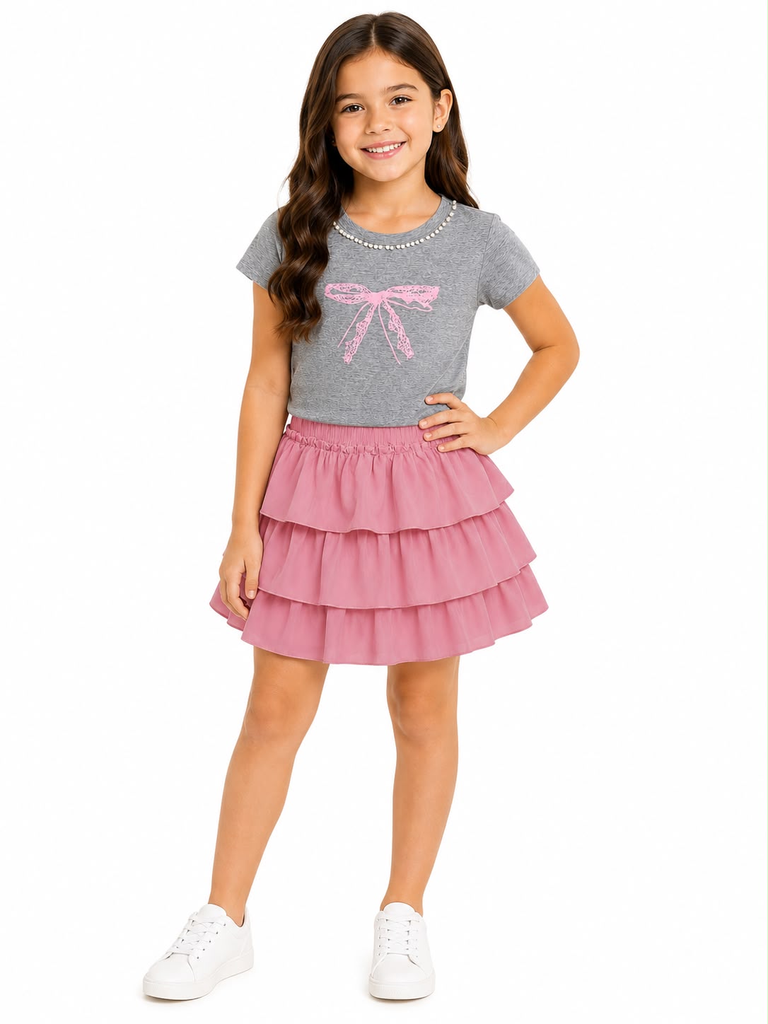 Set niña blusa gris con falda de olanes rosa