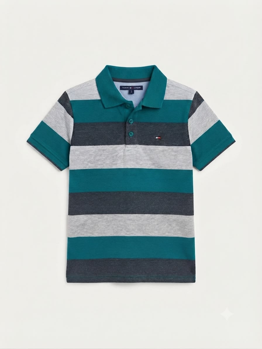 Playera niño tipo polo rayas verde, gris y gris oscuro