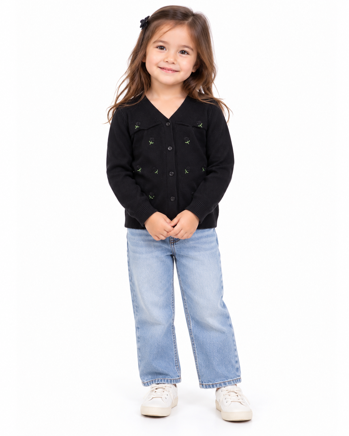 Blusa niña de manga larga con flores bordadas negra🌸