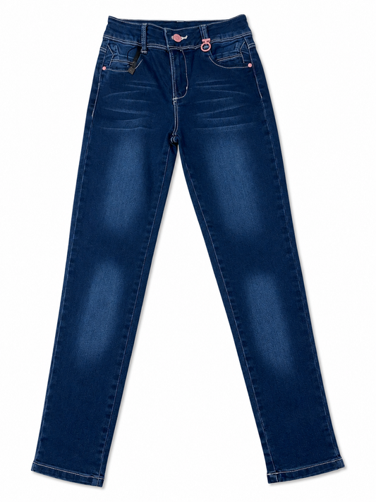 Pantalón niña de mezclilla azul oscuro con detalles rosa y ajuste cómodo