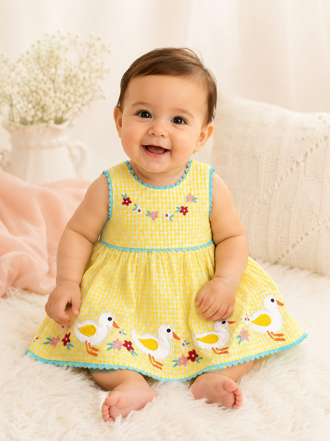 Vestido niña meses amarillo a cuadros con patitos bordados