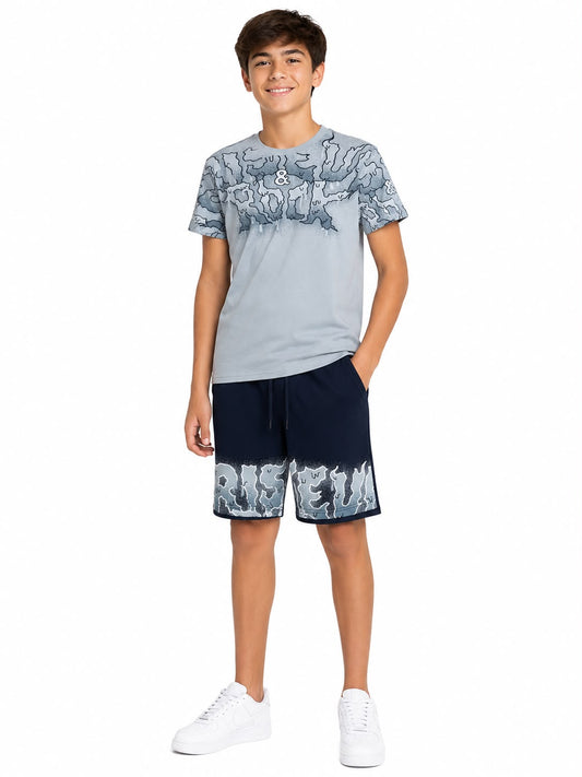Set niño deportivo playera gris estampada con short azul marino