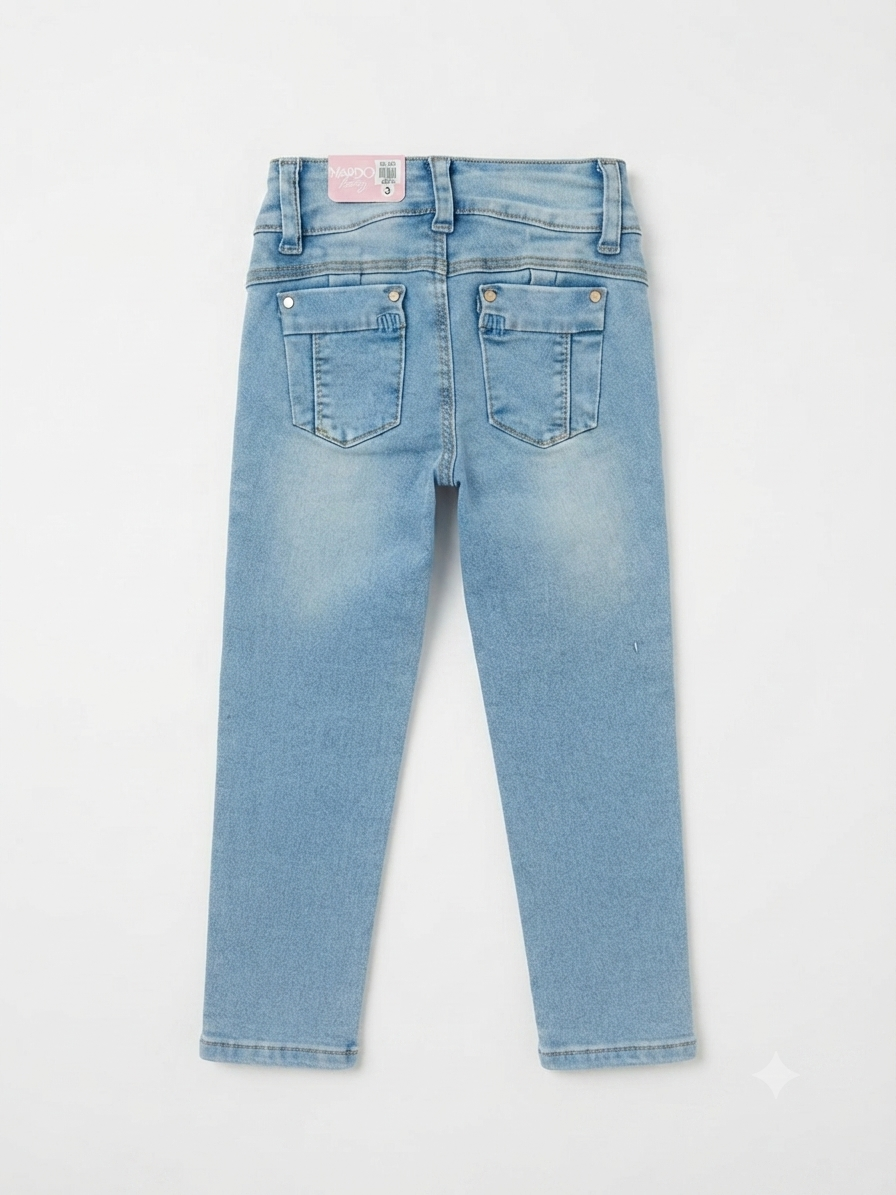 Pantalón niña mezclilla clara con bordados de arcoíris y conejito