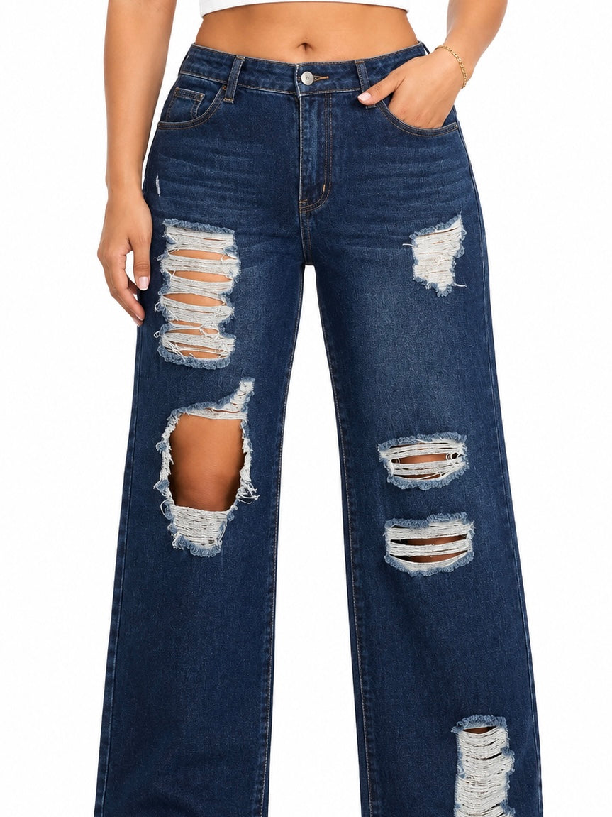 Pantalón dama mezclilla wide leg con rasgados extremos