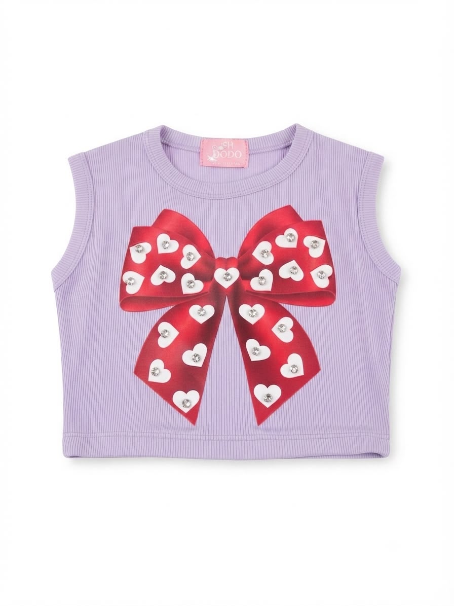 Blusa niña lila sin mangas con moño y corazones