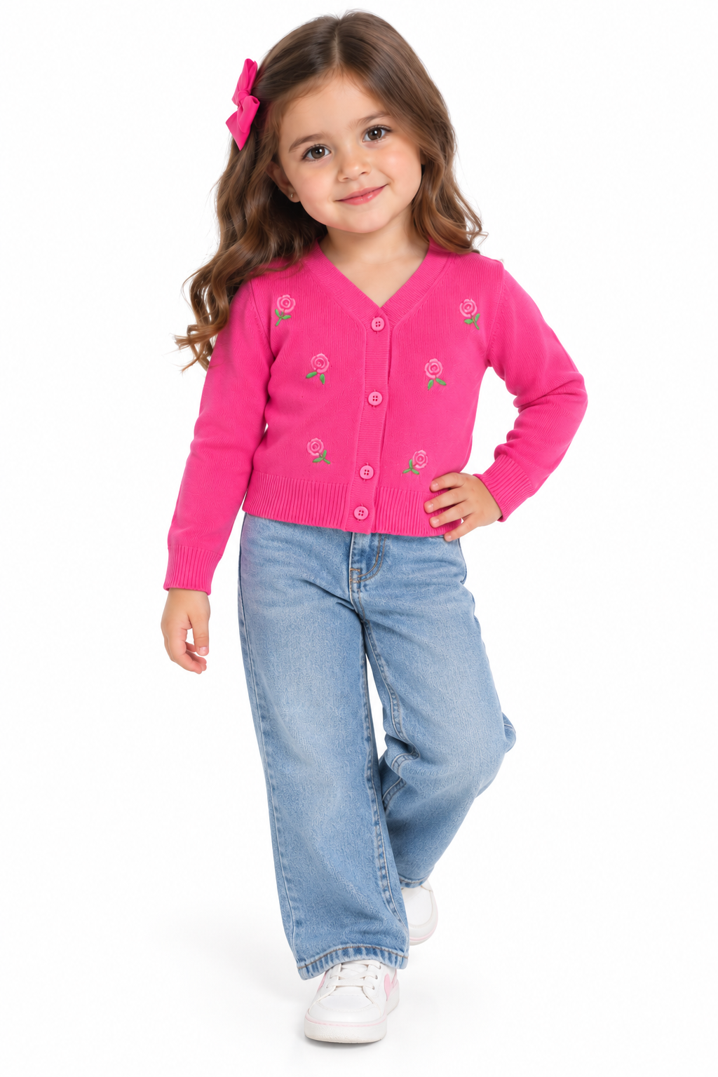 Blusa niña de manga larga con flores bordadas rosa🌸