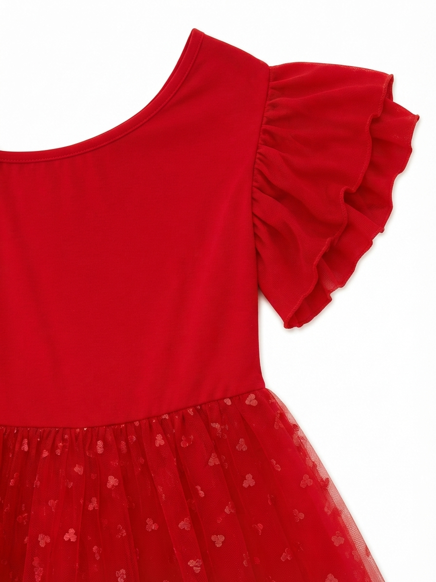 Vestido niña de un hombro con falda de tul y manga con olan