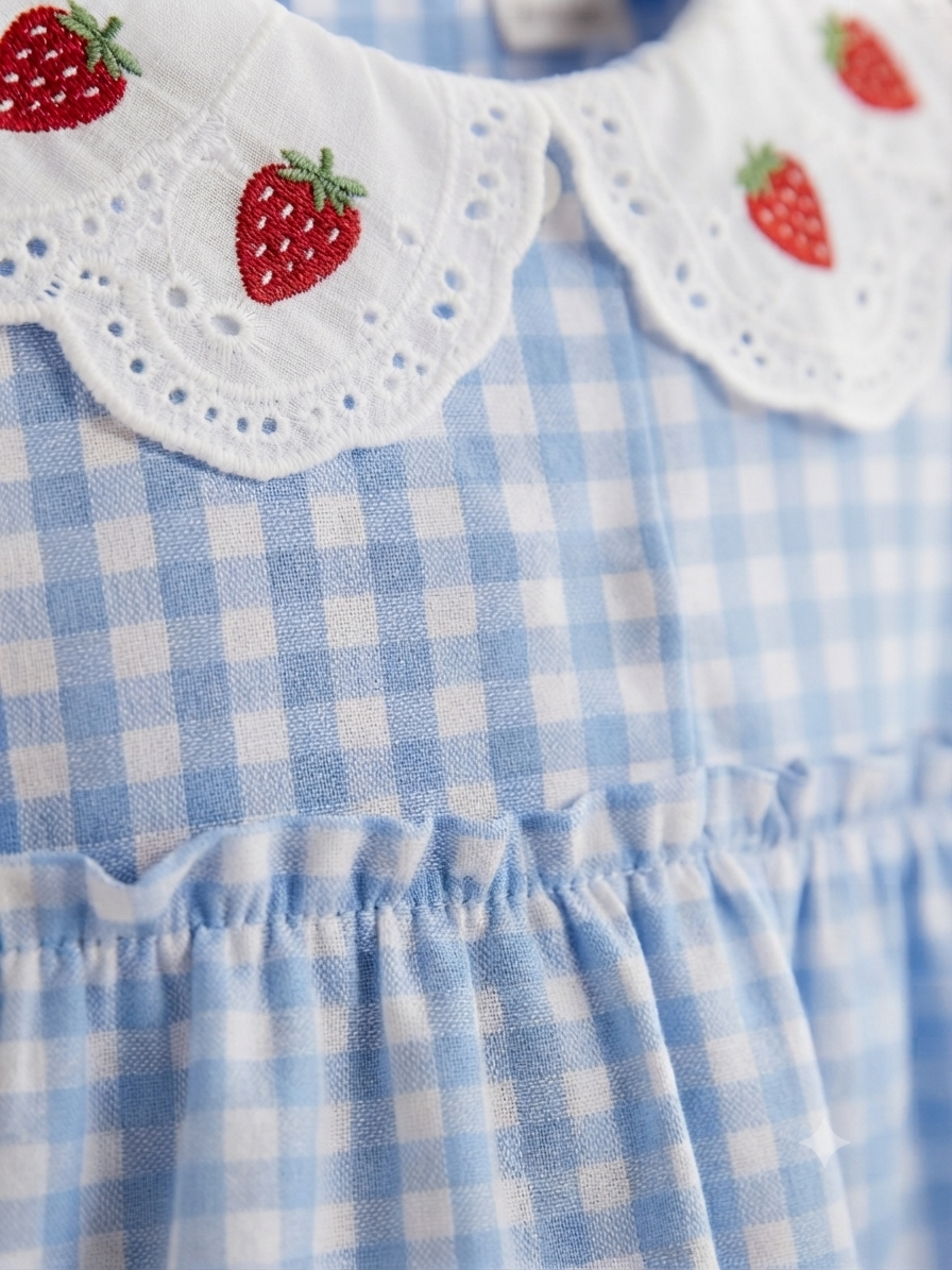 Vestido niña cuadros azul cielo con cuello bordado de fresas