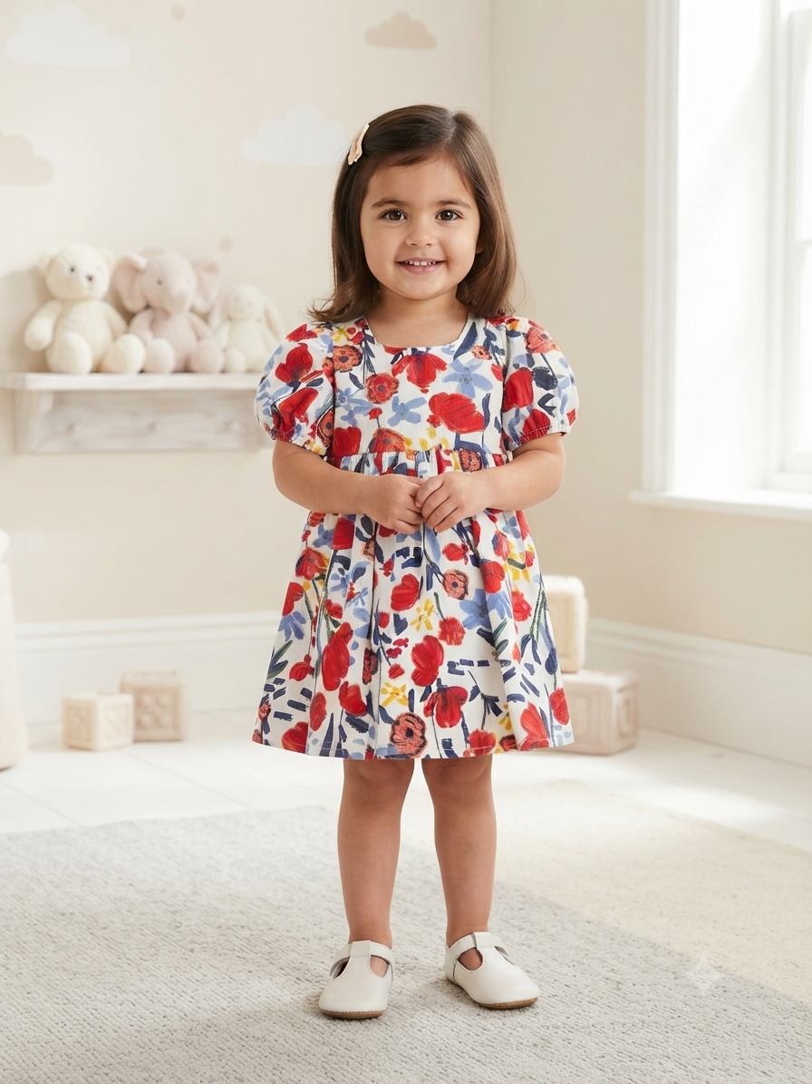 Vestido niña floral blanco con moño terracota y mangas bombachas