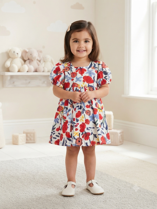 Vestido niña floral blanco con moño terracota y mangas bombachas