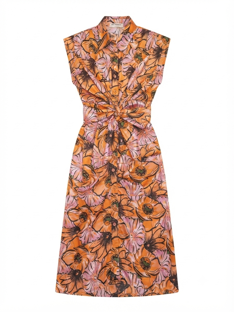 Vestido dama OFERTA midi estampado floral con detalle anudado al frente y cuello camisero