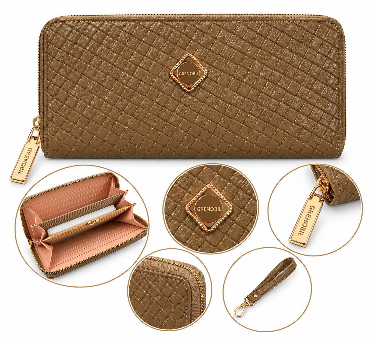 Cartera dama con textura tejida y cierre completo ✨