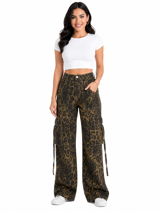 Pantalón dama mezclilla cargo palazzo estampado animal print