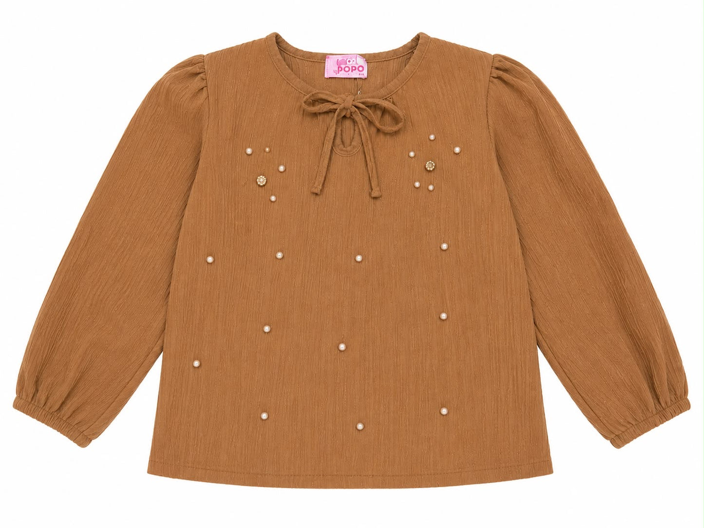 Blusa niña café con perlitas y moño lindo